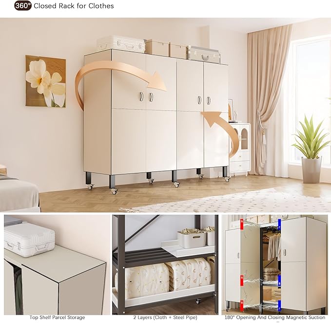 Foldable Portable Armoire Wardrobe Closet for Hanging Clothes Rack, Heavy Duty Covered Clothes Rack with Cover(HARDBOARD Magnetic), Closet Garment Rack for Bedroom Storage (KT Off-white, 59.05in)