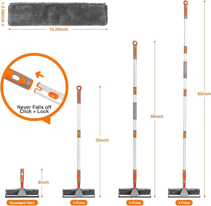 LOMIDA 2-in-1 Window Squeegee Cleaner with 62" Aluminum Extension Pole, Bendable Head for Extra Force, Heavy Duty Rotatable Window Cleaning Kit for Car/Glass/Shower (2 Fiber Pads)