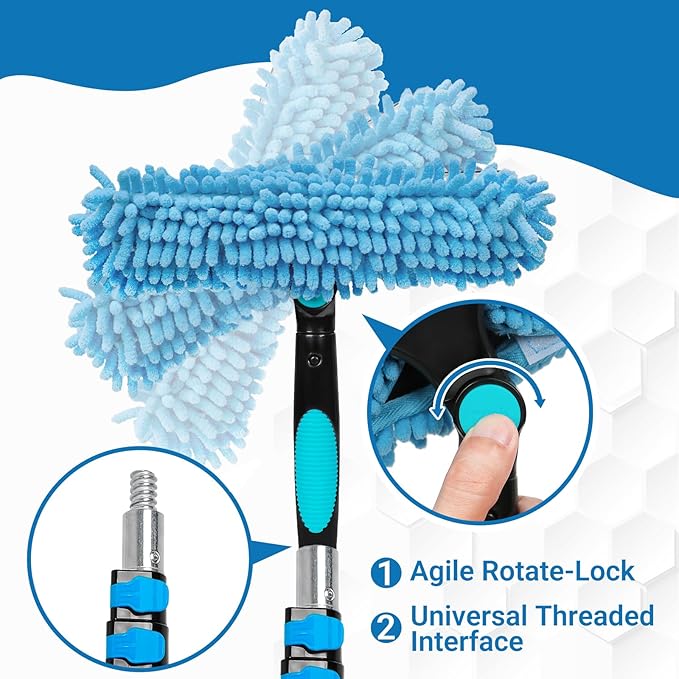 20 Feet High Reach Window Squeegee with 5-12Ft Extension Pole, 2 in 1 Rotatable Window Cleaning kit for High Window, Solar Panel Outdoor Window Washing Equipment