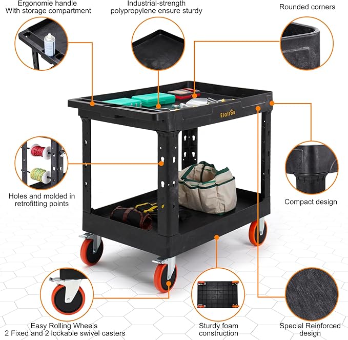 ELAFROS Extra Large Heavy Duty Utility Cart 39.9 x 24.6 Inch - Work Cart Big 2-Tier Plastic Rolling Service Cart with Deep Shelves, 6 Inch Casters, 550 lbs Capacity, Black