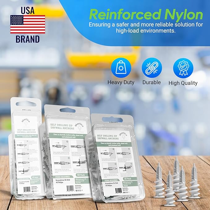 Premium Nylon 66 Self-Drilling Drywall Anchors & Screws kit | Hang Cabinets, Tv Wall Mount, Pictures, Towel Racks | 25#8X 1-1/4 Philips Screws and 25 Nylon Anchors | Holds 90lbs