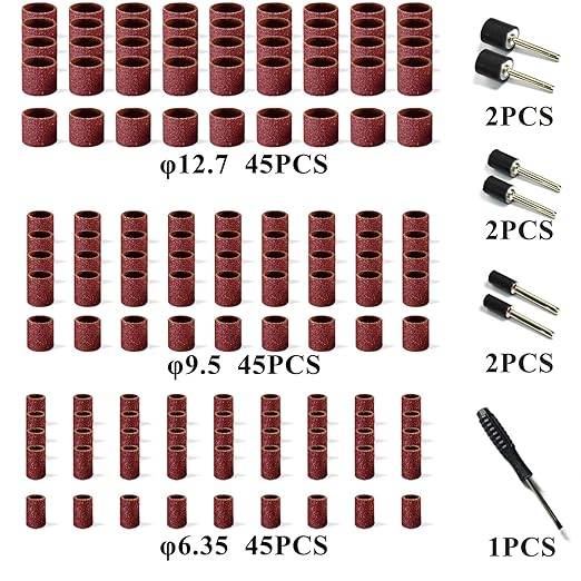 Asieg Tool Sanding Drum Kit 142Pcs 150Grit, 1/2" & 3/8" & 1/4" Diameter Drum Sanding Band with 3.17mm Shank Mandrels for Drill Dremel Rotary Tools Nails Drill