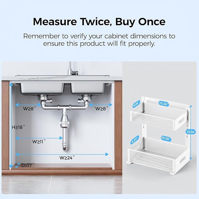 Under Sink Organizer 2 Tier, Adjustable Height Under Sink Organizers and Storage, Smooth & Silent Sliding Out Metal Drawer for Kitchen Bathroom Pantry Cabinet Closet (White, 1 Pack)