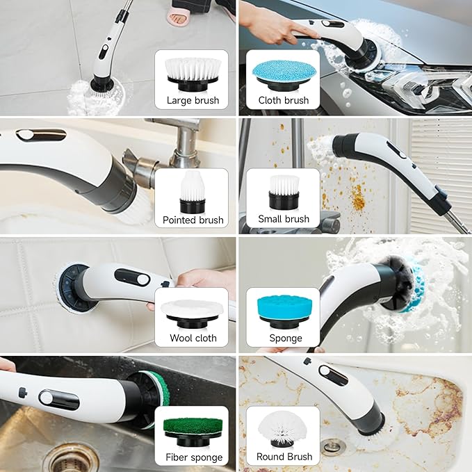 8 - in - 1 Electric Spin Scrubber, Cordless Cleaning & Shower Scrubber with Adjustable Handle, IPX7 Waterproof for Bathroom, Tile, Car, Kitchen, Floor, Tub | 8 Brush Heads, Powerful Horsepower