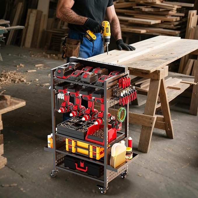 Power Tool Organizer Cart with 8 Charger Ports & Adjustable Storage, Garage Workshop Utility Cart for Mechanic, Birthday Gift Ideas for Men