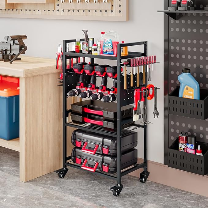 Large Power Tool Organizer Cart, Garage Floor Standing Rolling Drill and Tools Battery Storage Cart on Wheels, Heavy Duty Utility Rack Shelf,Utility Rack Gift for Men, Husband, Father.