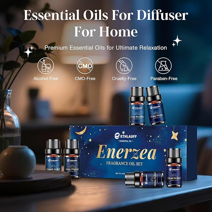 Essential Oil Blends, Essential Oils for Diffusers for Home, Relax Fragrance Oils Kit- Stress Relief, Sweet Dreams, Head Relief, Relax, Immunity for Aromatherapy, Humidifiers, Massage, 6x10ml