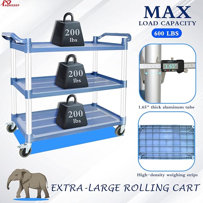 AQNIEGEP Utility Carts with Wheels, Large Food Kitchen Cart Heavy Duty, Rolling Service Cart w/Hammer for Restaurant, Office, Commercial, 600lbs Capacity, Lockable Wheels, 3-Tier