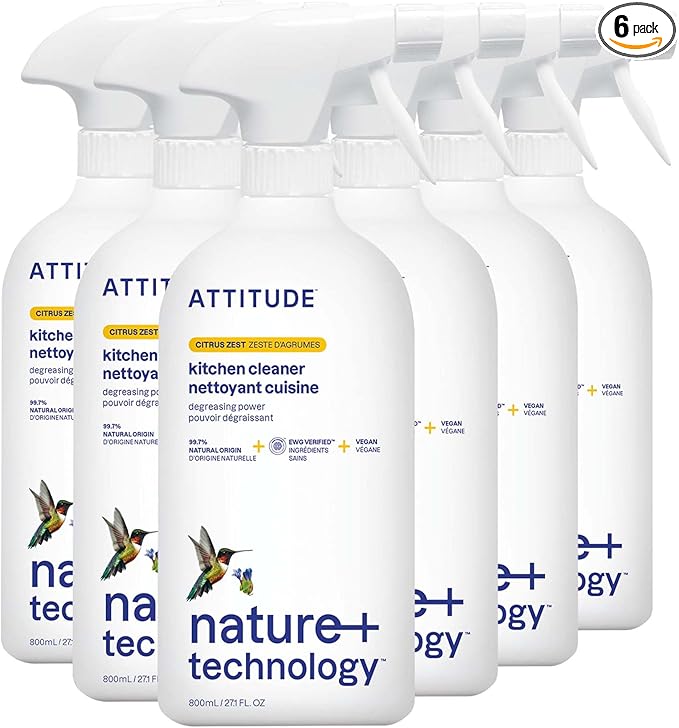 ATTITUDE Kitchen Cleaner Spray, EWG Verified, Powerful Degreaser, Cuts Grease & Grime, Plant-Based & Vegan, Citrus Zest Scent, 27.1 Fl Oz (Pack of 6)