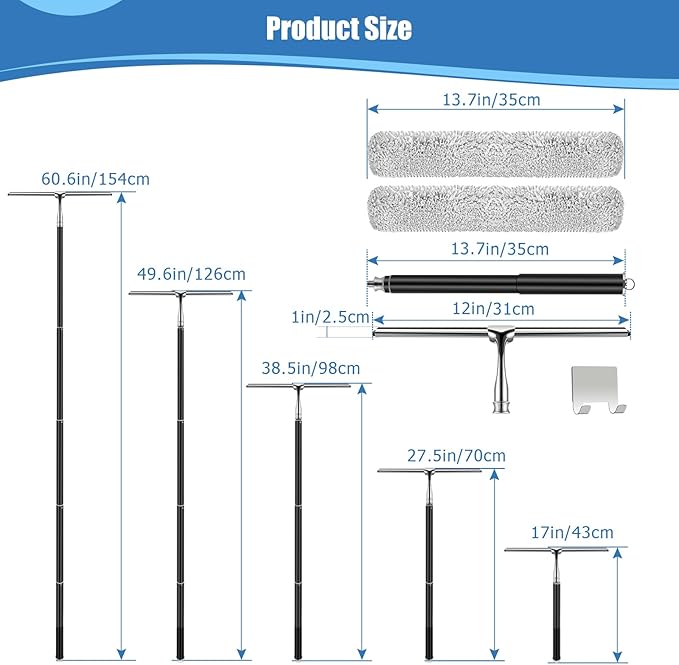 17'' - 62'' Metal Squeegee with Extension Pole for Window,Glass Door,Mirror, 12'' Wide Telescopic Shower Squeegee Cleaner with Long Handle for Cleaning Tile Wall,Floor,Bath,Car Windshield,Solar Panel