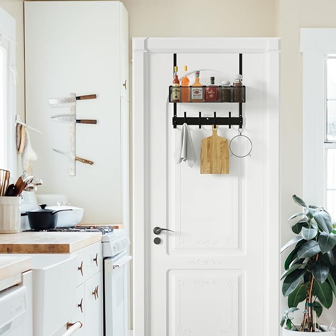 LUCYCAZ Over The Door Hooks - Over Door Organizer, Door Hanger Towel Rack with Mesh Basket & Wreath Hanger, Behind Door Storage Coat Hooks for Bathroom, Bedroom, Kitchen (Black)