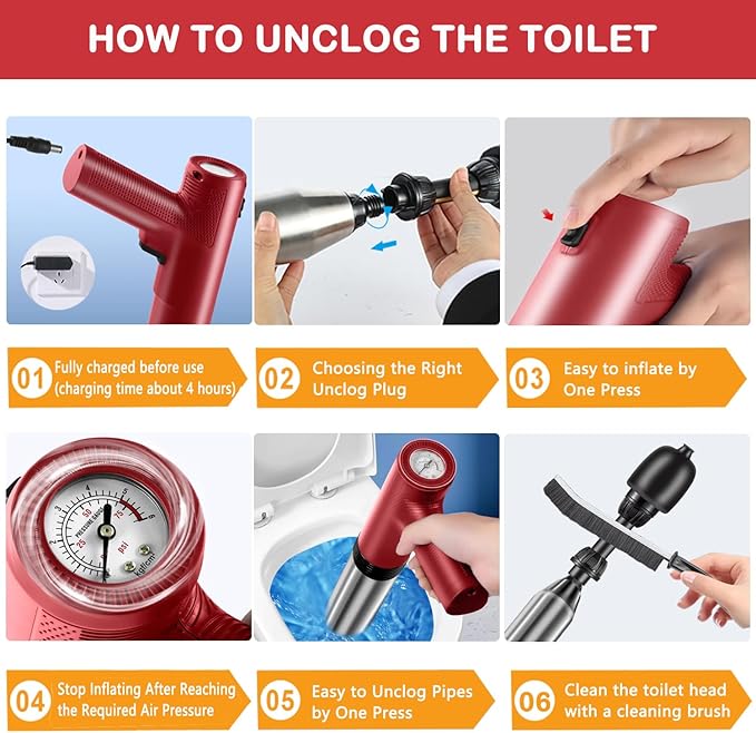 Electric Toilet Plungers For Bathroom Heavy Duty Drain Clog Remover Air Plunger High Pressure Toilet Unclogger Unclog Toilet Drain Unclogger Tool Drain Snake Toilet Clog Remover