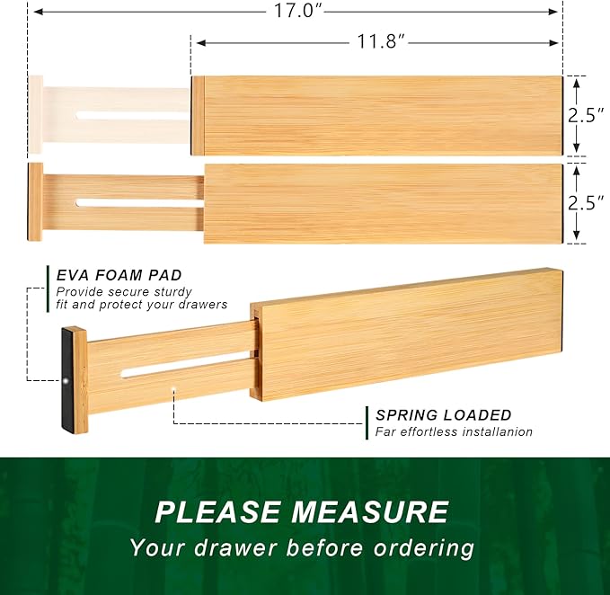 4 Pack Bamboo Kitchen Drawer Dividers 2.6" High, Adjustable from 12 Inch to 17 Inch Drawer Organizers, Expandable Drawer Separators for Clothes, Bedroom, Dresser, Office (Beige)