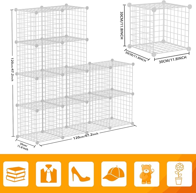 HUBSON Wire Cube Storage Organizer, Book/Toy/Craft/Potted Plants and petCloset Organizers and Storage Shelves, 12-Cube Freely Combinable Metal Grids Storage Shelf, White Iron