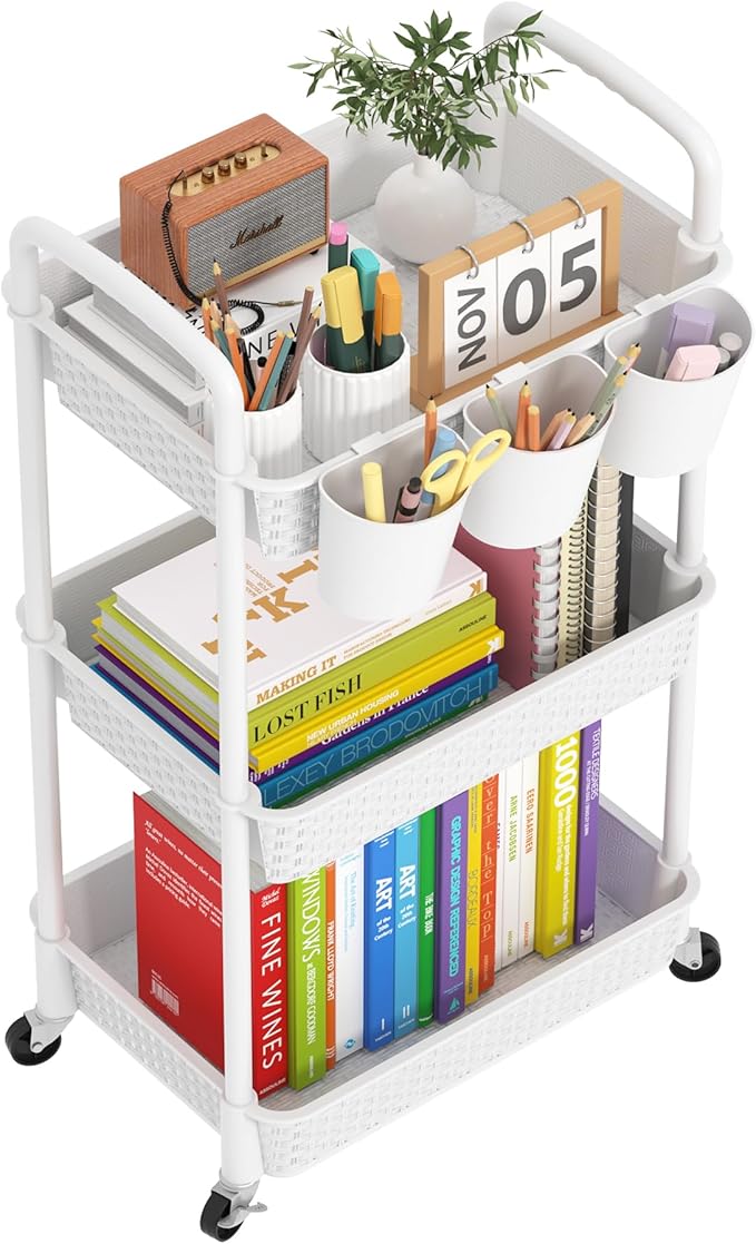 MOYIPIN 3-Tier Plastic Rolling Utility Cart with Handle,Utility Storage Cart for Office, Living Room, Kitchen,Movable Storage Organizer Shelves,White with 4 Hanging Cups