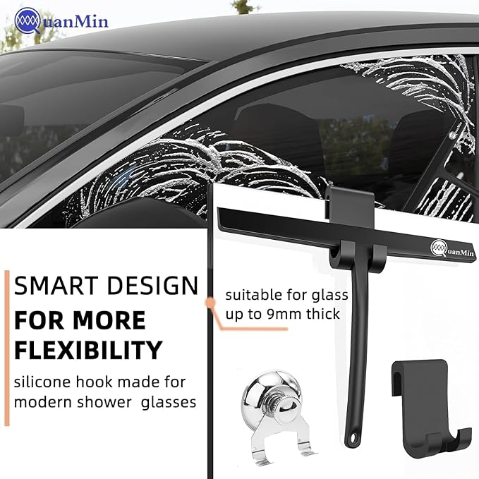 9 Inch Shower Squeegee with Hook - Heavy Duty Glass Door Scraper for Streak-Free Cleaning, Tile Walls, Shower Glass & Car Windows - Rustproof Rubber Blade & Secure Storage (Black)