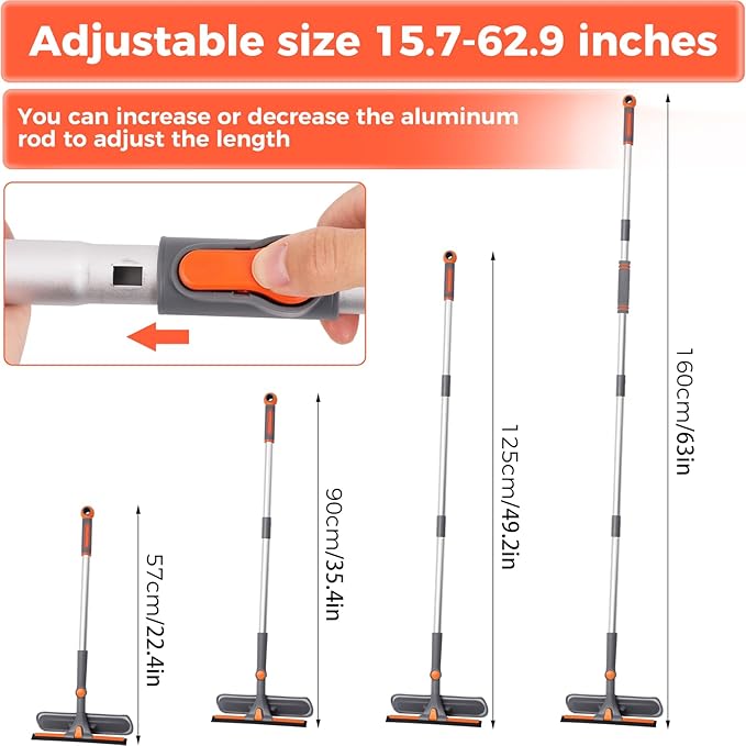 Squeegee for Window Cleaning 2-in-1 Cleaner Tool with Extension Pole and 2 Microfiber Pads, 360° Car Squeegee Kit Professional, 62 Inch for High Glass, Home,Outdoor