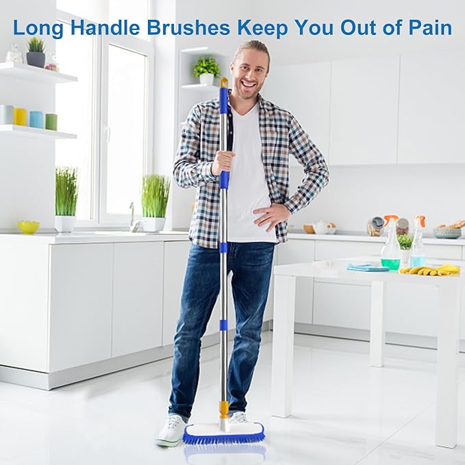 ITTAR 12" Wide Floor Scrub Brush with Long Handle, 2-in-1 Deck Cleaning Brush with 55" Extendable Pole, Heavy-Duty Tub Tile Scrubber Cleaner Brush for Shower Floor, Kitchen, Patio, Garage, Restaurant