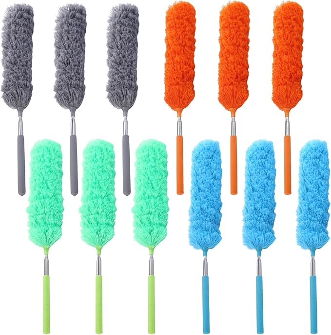 12 PCS Microfiber Feather Duster, 15 to 33 Inches Extendable Dusters, Metal Pole Ceiling Fan Duster, Washable Bendable Cleaning Duster Tool for Furniture Conditioner Window Office Car