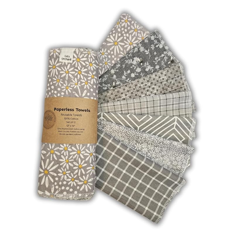 Paperless Towels, 12-12" X 10" Washable Paper Towels, Reusable Paper Towels, 100% Cotton (Grey Variety)