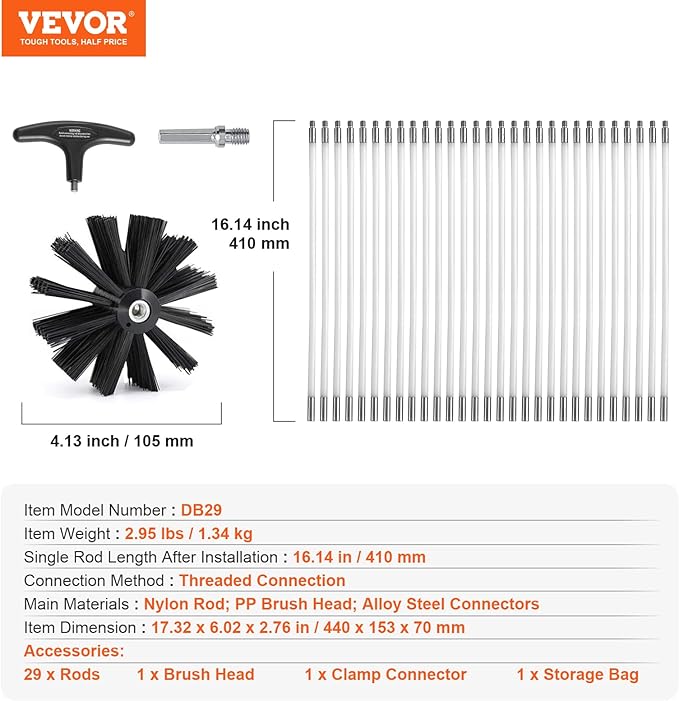 VEVOR 40 FEET Dryer Vent Cleaner Kit, 29 Pieces Duct Cleaning Brush, Reinforced Nylon Dryer Vent Brush, Dryer Cleaning Tools Lint Remover with Flexible Lint Trap Brush, Clamp Connectors