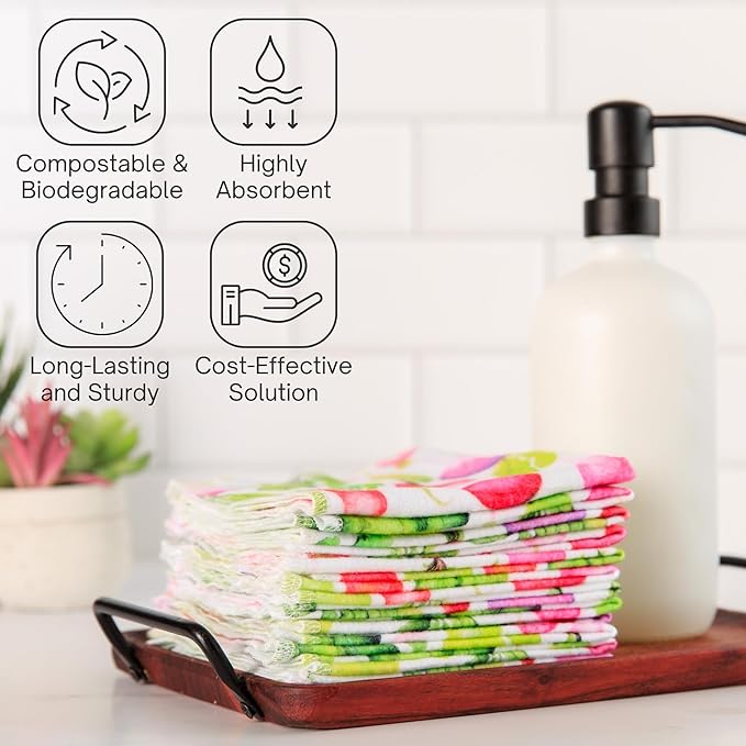 Reusable Paper Towels (12"x10”) - Soft Absorbent 100% Cloth Paper Towels-Washable Paper Towels Rolls w/Cardboard Roll-Reusable Napkins Washable-Dish Cloths (Summer Radish, 12x10inch)