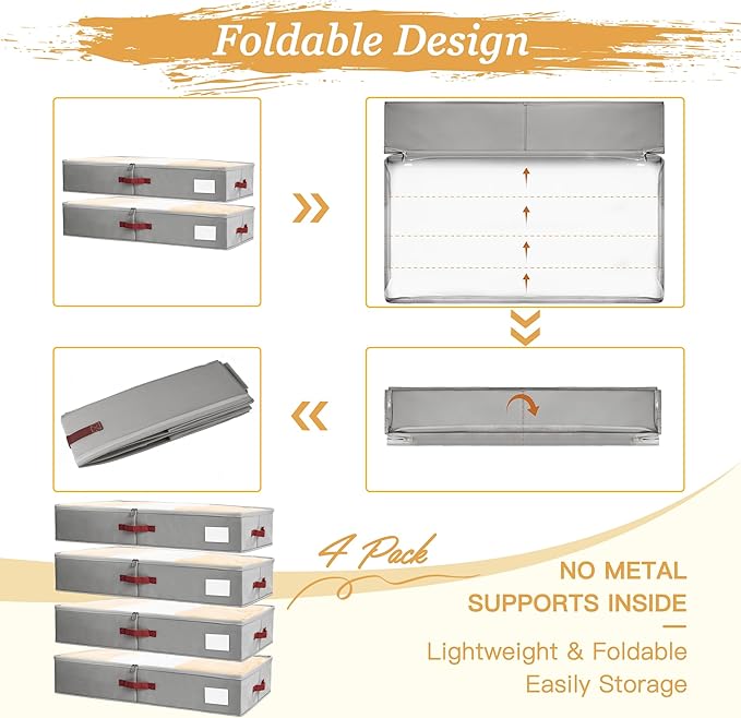 Criusia Under Bed Storage Bins with Clear PVC Lids – 4 Pack Large Underbed Organizers with Heavy-Duty Handles, Reinforced with 800G PP Panels & 80G Non-Woven Fabric – Waterproof & Foldable, Gery