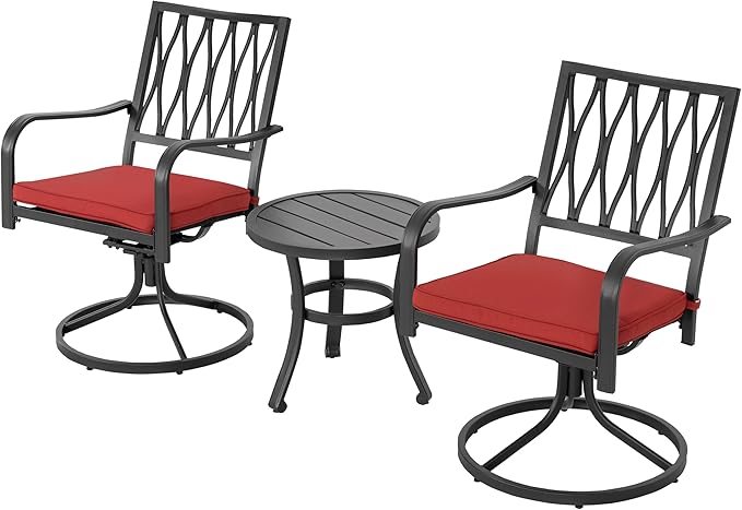 NUU GARDEN 3 Piece Outdoor Bistro Set, Iron Swivel Chairs with Red Cushions and 20" Round Bistro Table, Powder-Coated Iron Frame for Patio, Deck, Garden, Backyard, Black