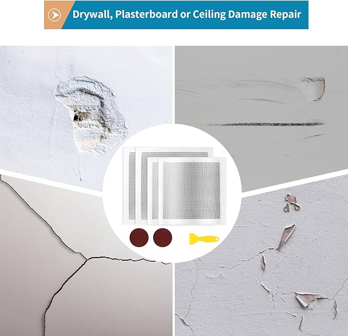 4 Pack Drywall Repair Self Adhesive Metal Mesh, 10" and 12" Large Wall Hole Patch Kit with Scraper and Sandpaper for Fixing Drywall, Plasterboard, Ceiling