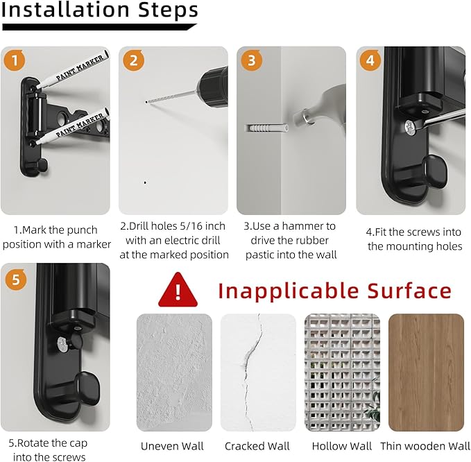 Wall Mounted Clothes Hanger Rack Foldable Drying Rack Hook Folding Indoor for Laundry Room Organization Bedroom Collapsible Racks Perfect for Small Spaces, 6 Hole Black 2 Packs