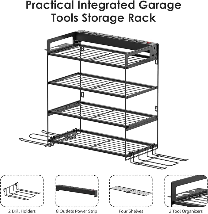CCCEI Garage Tools Storage with Charging Station. Power Tool Battery Organizer Utility Shelf with Power Strip. 4 Drills Holder Wall Mount Rack, Black 4 Layer.