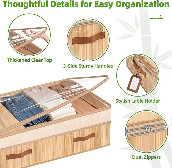 Livole 3 Pack Bamboo Under Bed Storage, 6-10 inches Height Adjustable Underbed Storage Containers, 92L XXXL Large Under Bed Storage Bins with Clear Lid & Label for Clothes, Blankets, Sweater, Shoes