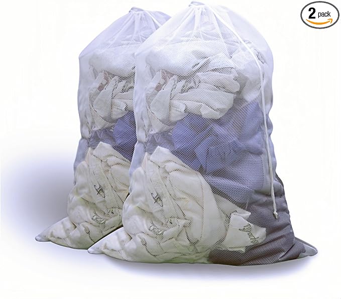 2 Pack Large Mesh Laundry Bag, 24×36 inch Heavy Duty Mesh Laundry Bags Drawstring Lockable, White Laundry Hamper Liner, for Factories, College, Travel, Dorms, Family and Apartment Dwellers