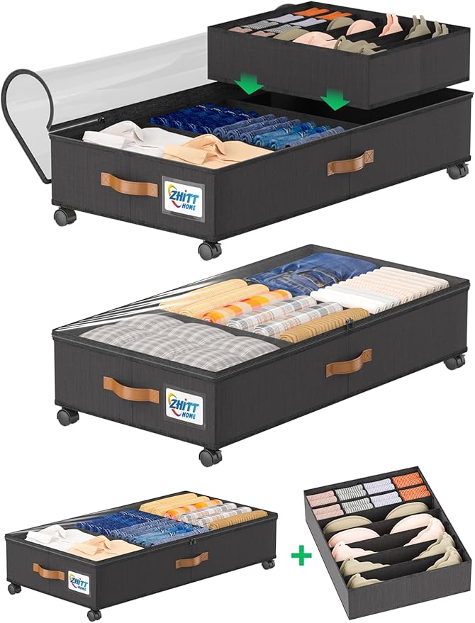 2Pack Under Bed Storage with Wheels+1Pack Underwear Storage, Scalable Under Bed Shoe Storage Containers, Clothes Organizer & Bedroom Furniture Organizers (Underwear Style)
