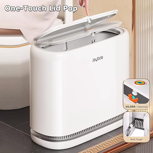 O-MART Bathroom Trash Can with Lid, Slim 3.2 Gallon Vacuum adsorption Garbage Bin, Narrow Press Top Waste Basket for Odor Control & Dog Proof for Bathroom Bedroom Office Home