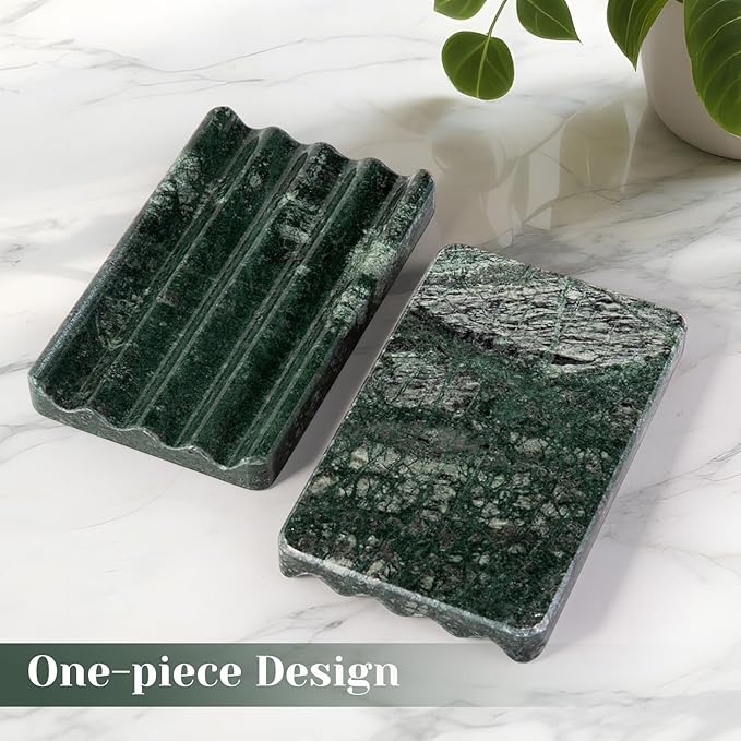 2PCS Koville Indian Natural Green Marble Soap Dish for Shower, Stone Soap Tray for Bathroom, Marble Bar Soap Holder for Sink, Stripe Grooves Soap Saver Sponge Holder