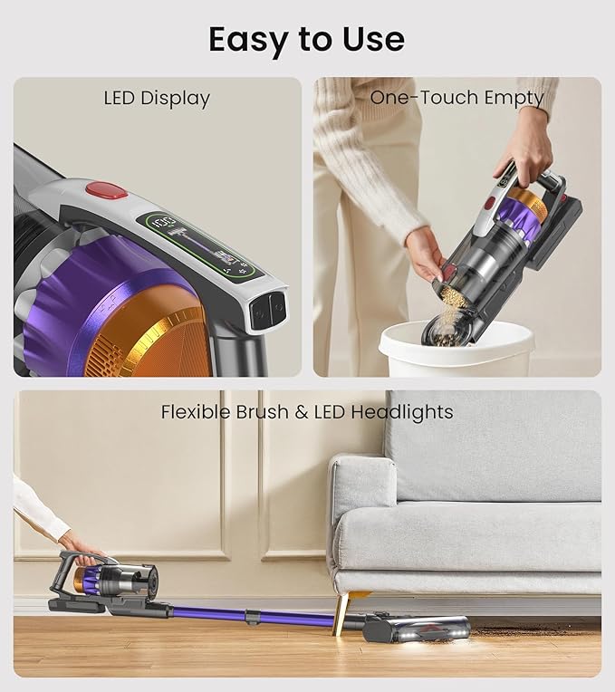 NADALY Cordless Vacuum Cleaner, 2025 New 580W 48KPA 65Mins Stick Vacuum Cordless Rechargeable, Anti-Tangle, Lightweight, Self-Standing Vacuum Cleaners for Home, Vacuum for Pet Hair/Carpet/Hard Floor