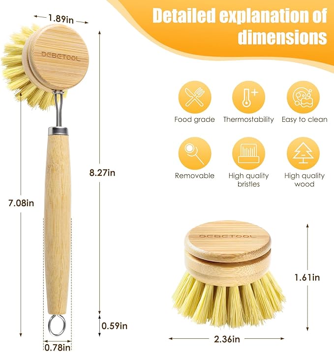 Bamboo Pot Dish Brush,3 Pack Natural Wooden Scrub Brush with Sisal Fiber,Suitable for Dishes,Pans,Pot and Other Utensils-Sustainable,Kitchen Cleaning Brush with 2 Replacement Brush Heads