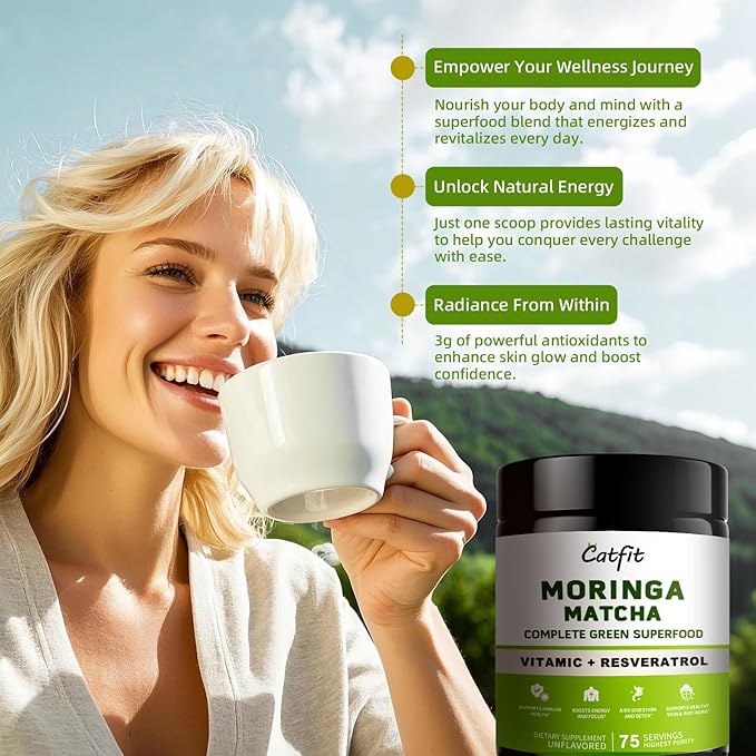 (2 Pack) Moringa Powder – Superfood Blend with Matcha, Green Tea & Resveratrol – Moringa Supplement for Energy, Antioxidant & Immune Support – Vegan, Gluten-Free, Easy-to-Mix Drink (8oz)