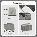 Rolling Storage Basket with Lid, 47.6 Gallon (180L) Storage Bin with Wheels, Woven Rattan Blanket Storage Basket with Handles, Foldable, Metal Frame, Removable Liner for Bedroom, Laundry Room, Grey