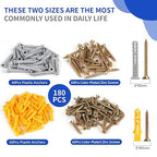 Drywall Anchors-180PCS Nails for Wall Anchors for Drywall Repair Kit, Premium Plastic Wall para Dry Wall Anchors and Screws Assortment Kit, Heavy Duty Self Drilling Picture Hanging Kit Hangers Screw