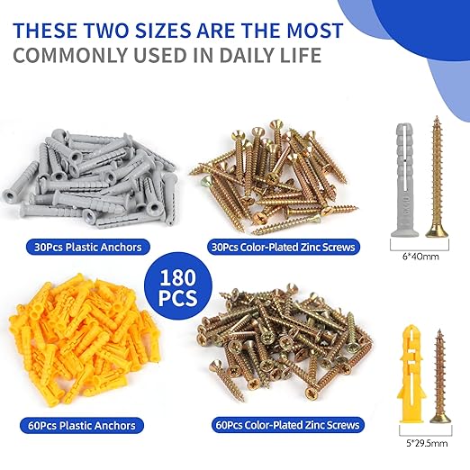 Drywall Anchors-180PCS Nails for Wall Anchors for Drywall Repair Kit, Premium Plastic Wall para Dry Wall Anchors and Screws Assortment Kit, Heavy Duty Self Drilling Picture Hanging Kit Hangers Screw