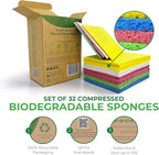Compressed Cellulose Sponges - 32 Pack Natural Pop Up Dish Sponge for Kitchen - Compostable Plant-Based Cleaning Sponges Bulk – Non Scratch Natural Sponge for Dishes & Household Cleaning