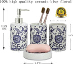 Chinese Blue and White Porcelain Bathroom Set – 4-Piece Ceramic Bath Accessory Set with Lotion Dispenser, Toothbrush Holder, Tumbler, and Soap Dish