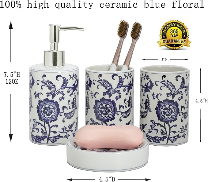 Chinese Blue and White Porcelain Bathroom Set – 4-Piece Ceramic Bath Accessory Set with Lotion Dispenser, Toothbrush Holder, Tumbler, and Soap Dish