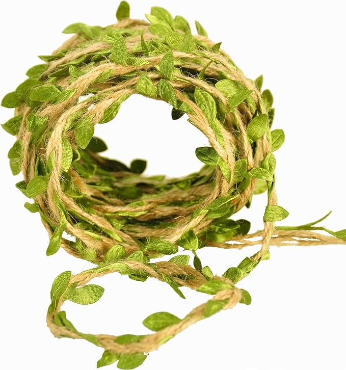 Naidiler 32 Ft Burlap Leaf Ribbon Twine for Crafts for Safari, Jungle, Fairy Party, Woodland Baby Shower, Enchanted Forest Decorations Vines Decor