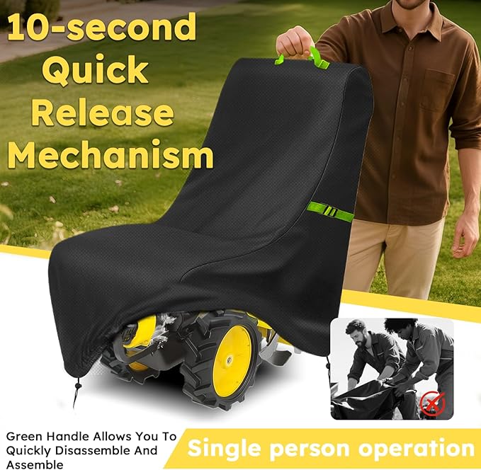 Tiller Cover, Rototiller Covers, 420D Silver-Coated Waterproof Fabric, Adjustable Drawstring Hem, Green Handle & Rear Waist Band – Fits Most Tillers (Black, Gas Tiller Cover)
