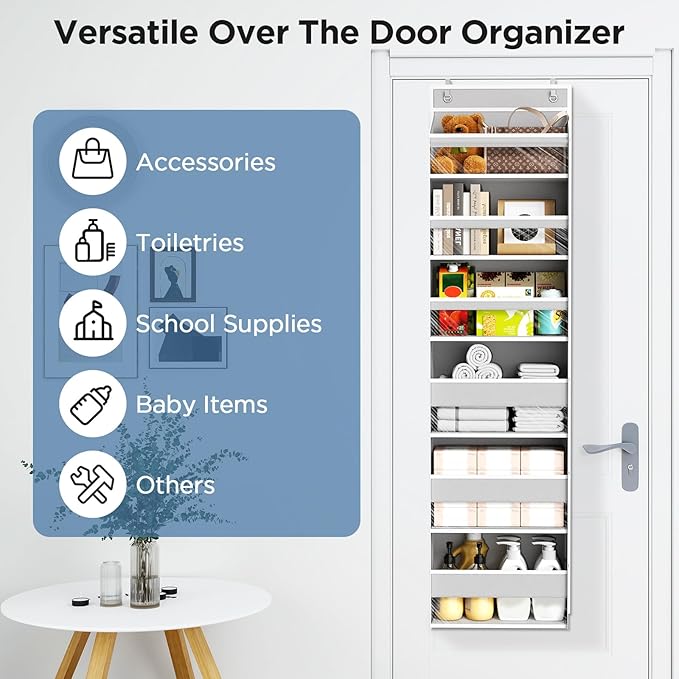 Over The Door Organizer, 6 Shelf Door Organizer Hanging with 6 Large Capacity Pockets, Over The Door Storage Hanging Shelves for Closet Wall Bathroom Closet Bedroom Nursery