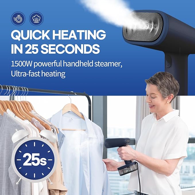 HubiCare Steamer for Clothes, 1500W with Large 250ml Tank, Handheld Clothing Steamer, Fabric Wrinkle Remover, Portable & Compact Travel Size Garment Steamer ONLY FOR 120V (Navy)