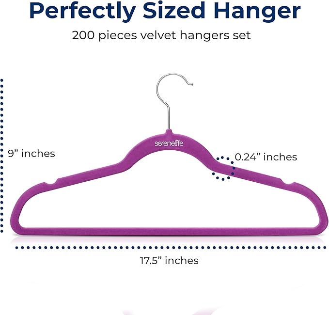 SereneLife 200 Pack Velvet Hangers - Non-Slip Felt Hangers with 360° Swivel Hook, Space-Saving, Ultra-Thin, Lightweight for Shirts, Sweaters, Hoodies, Kids Clothes & Dresses (Purple)
